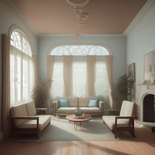 AI generated: High resolution photography interior design, dreamy sunken living room conversation pit, wooden floo...