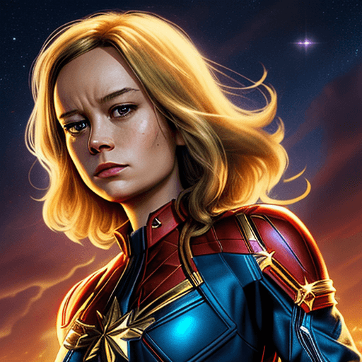 AI generated: Brie Larson as Captain Marvel, hiper realistic, 
with a background stars
