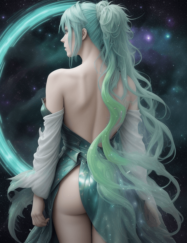 AI generated: Back view, a mystical female anime warrior with green hair dissolving into ethereal, shimmering mist...