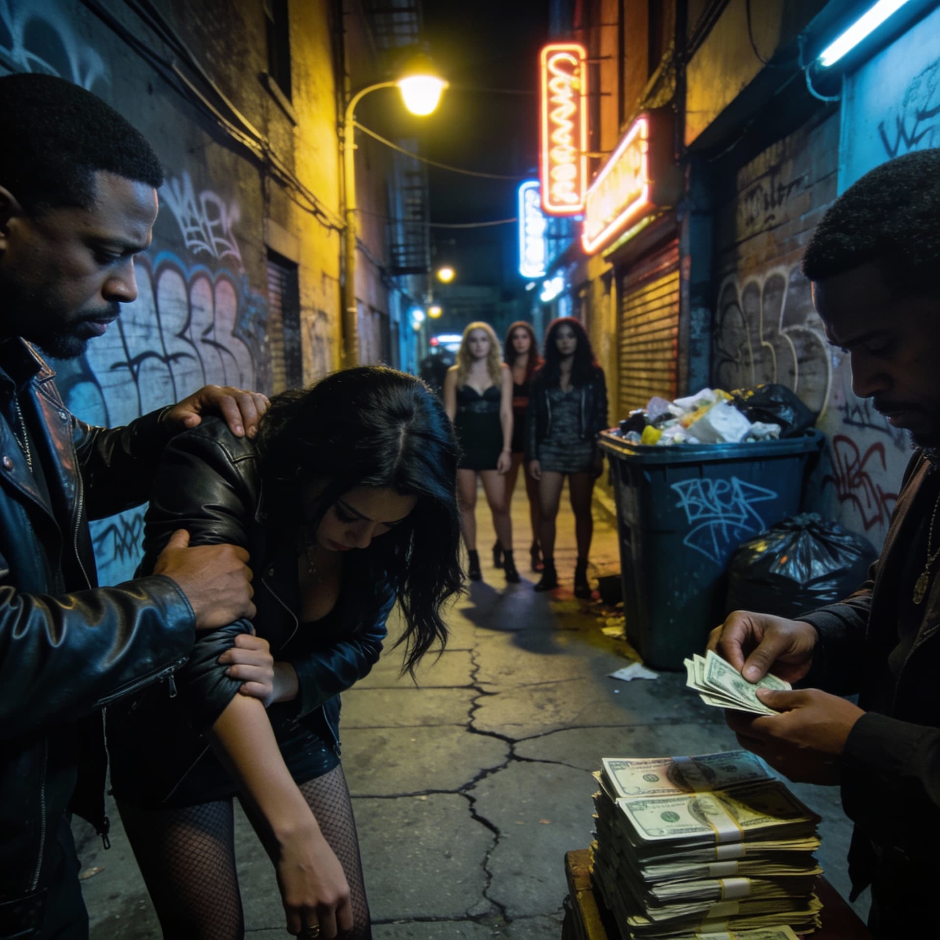 AI generated: Create a scene where prostitutes appear on a suspicious street, being exploited by pimps who threate...