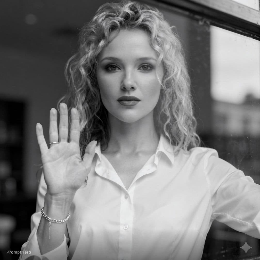 AI generated: A photorealistic black-and-white portrait of a uploaded woman standing behind a glass pane, viewed f...