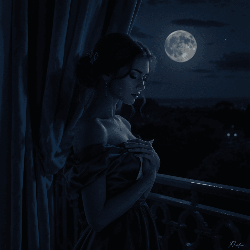 AI generated: Prompt:  A poised woman in a midnight blue silk gown stands on a quiet balcony, clutching a letter t...