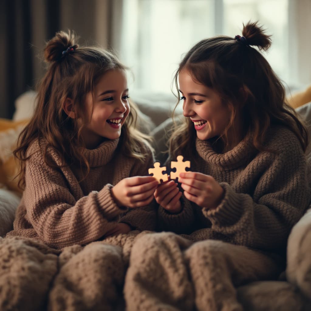 AI generated: he twins sitting in a cozy room, both holding a puzzle piece. They share a look and laugh as they tr...