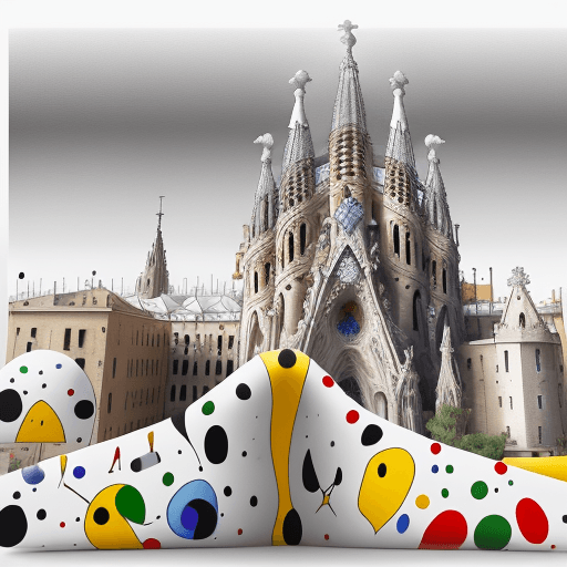 AI generated: Hyper realistic paint joan miro abstract panoramic size, white background, draws forms of sagrada fa...