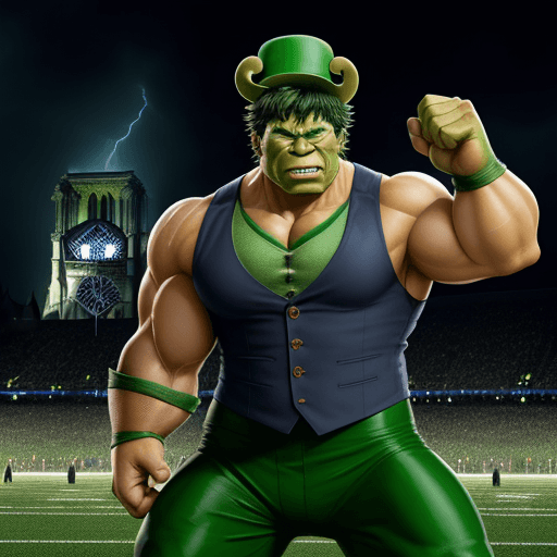 AI generated: A close-up of the Incredible Hulk in the Notre Dame mascot stance with the Leprechaun hat and vest o...
