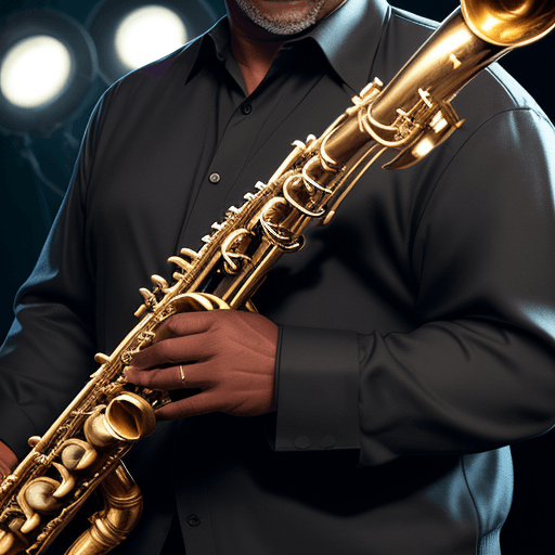 AI generated: Close-up shot, commercial photography, face of a middle-aged black saxophonist playing jazz, clothin...