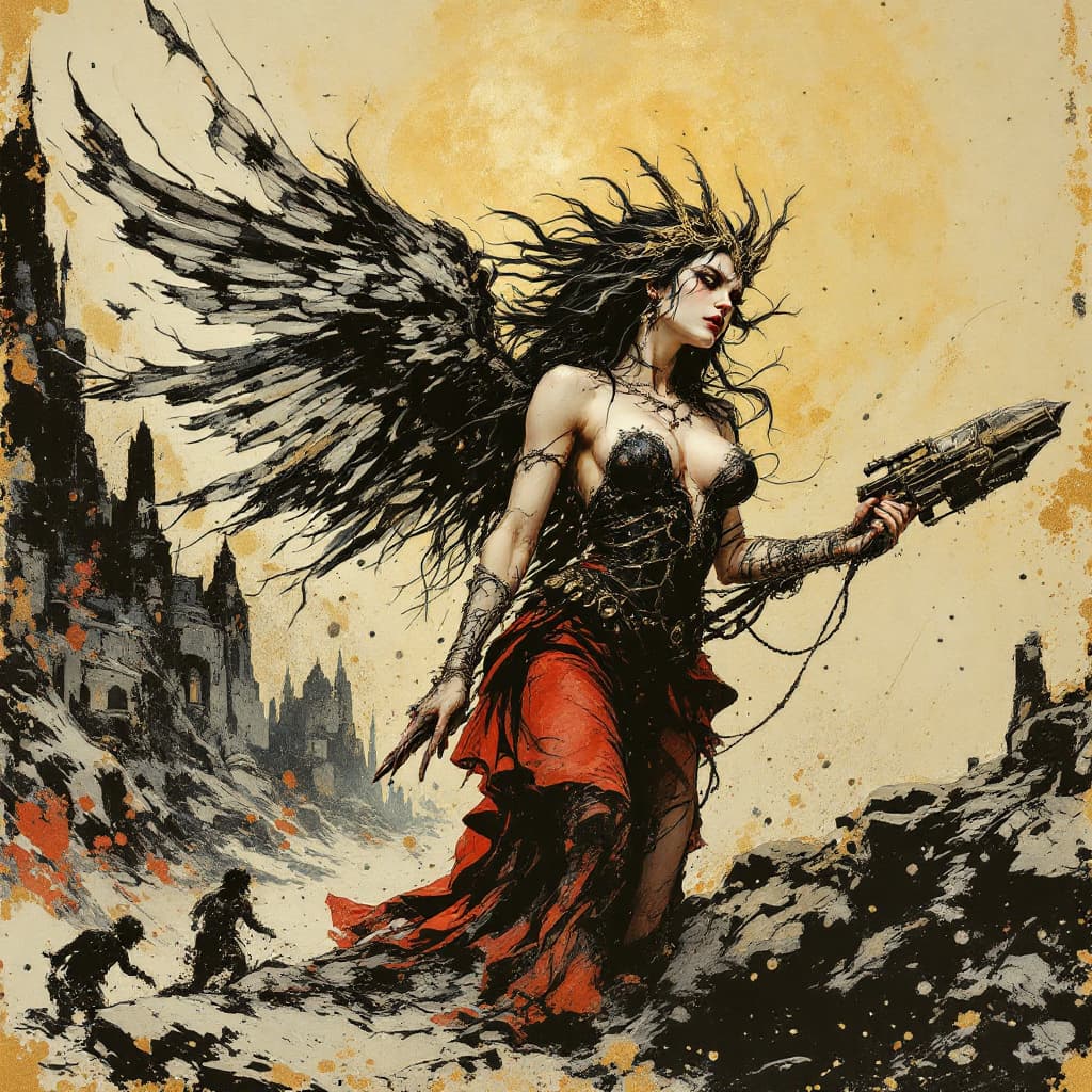 AI generated: poster artwork for a play on a Rebel Angel character; heavily influenced by Frazetta , Corben, Johfr...
