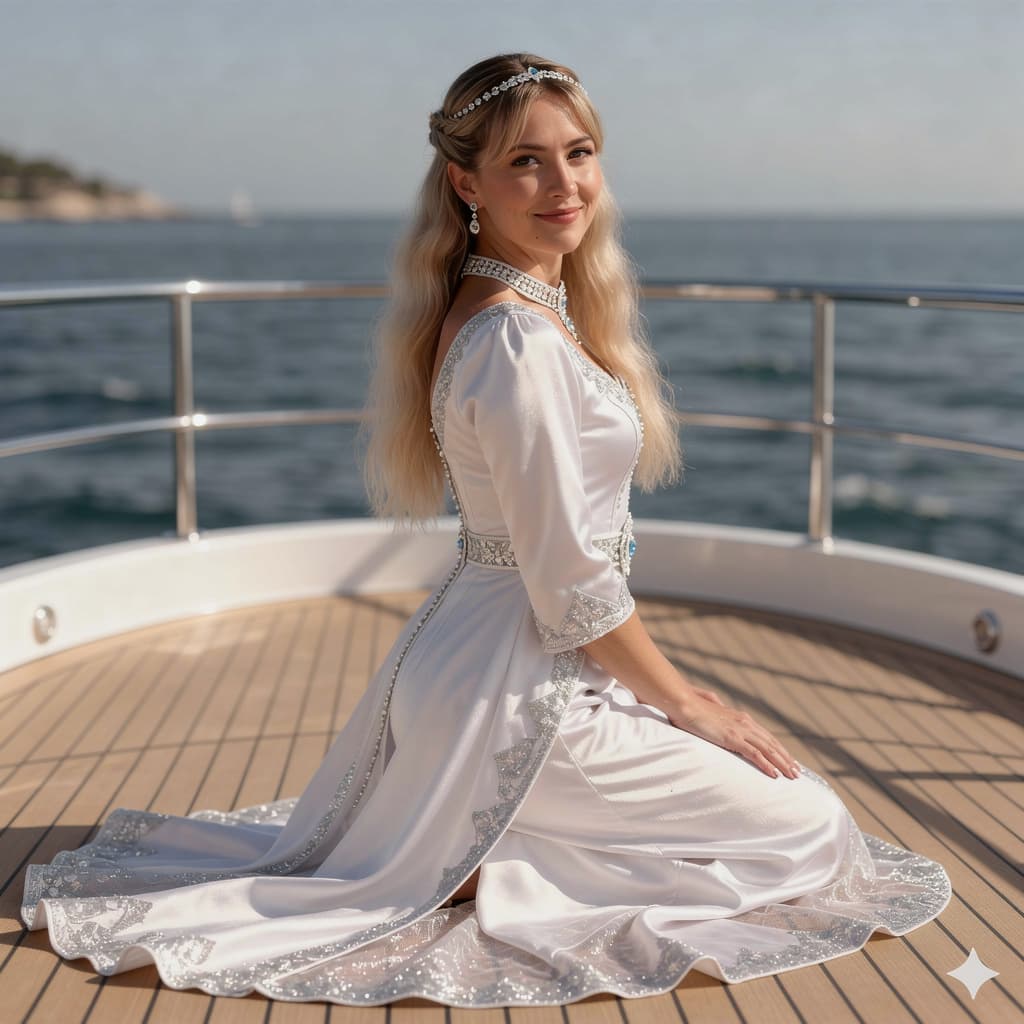 AI generated: 35yo woman, on knees, looking back, looking to viewer, princess, (long straight blonde hair, blonde ...