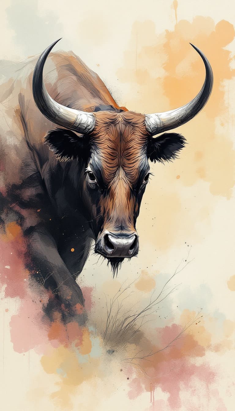 AI generated: Series of abstract landscapes of a fighting bull with its horns down 
 fully curved and edged in pas...