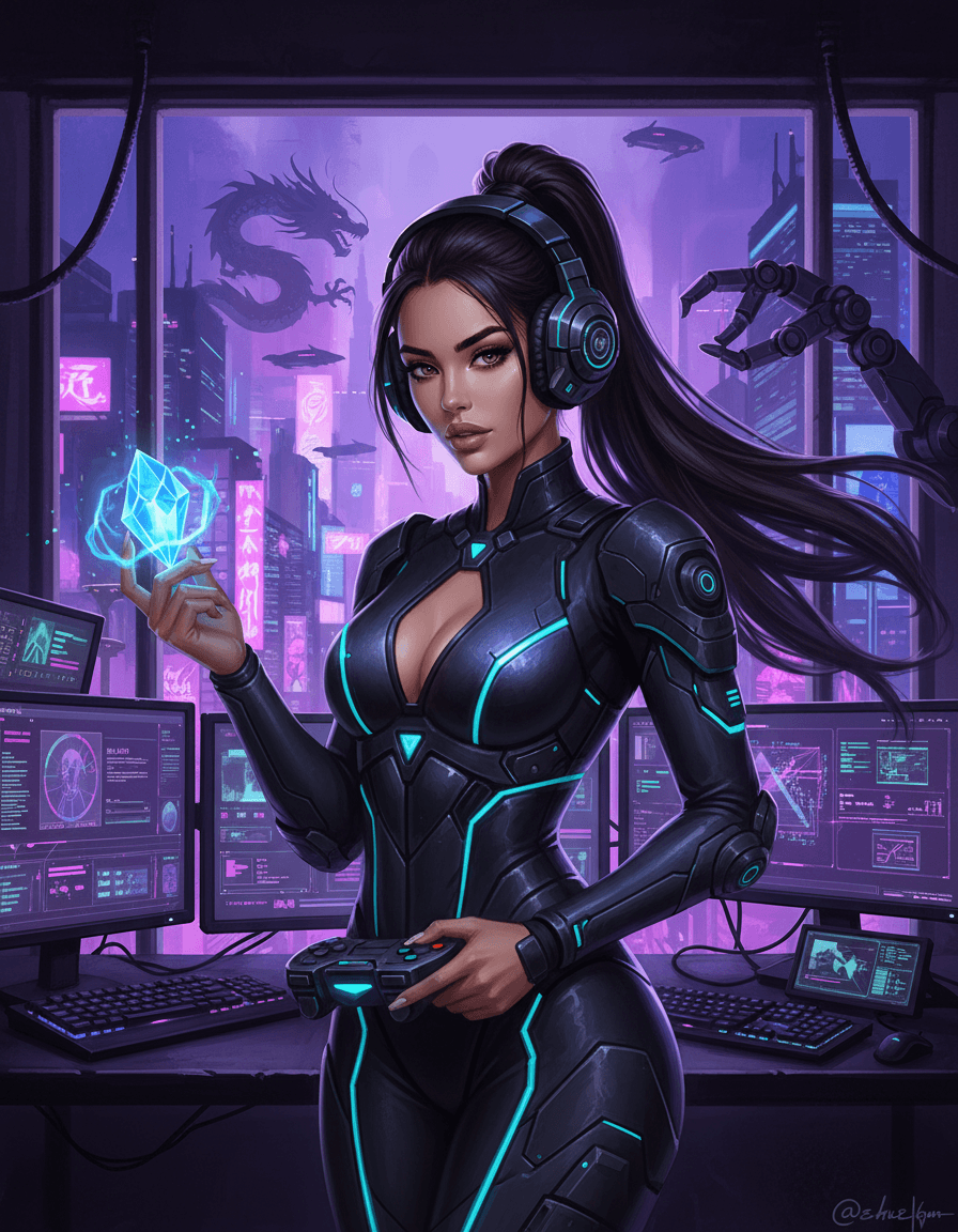 AI generated: A vibrant, cyberpunk-style art illustration of a confident woman in a sleek, black armored bodysuit ...