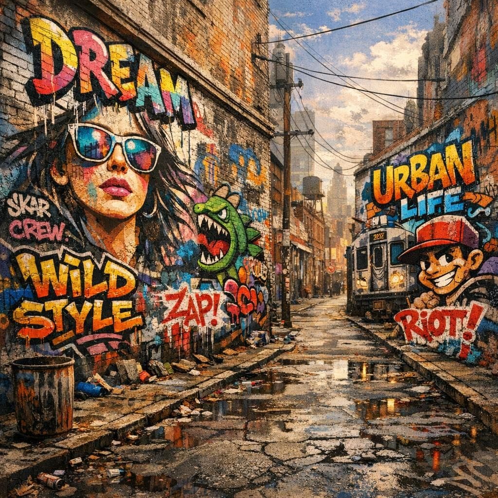 AI generated: an urban street with graffiti-style painting with textured surfaces.
