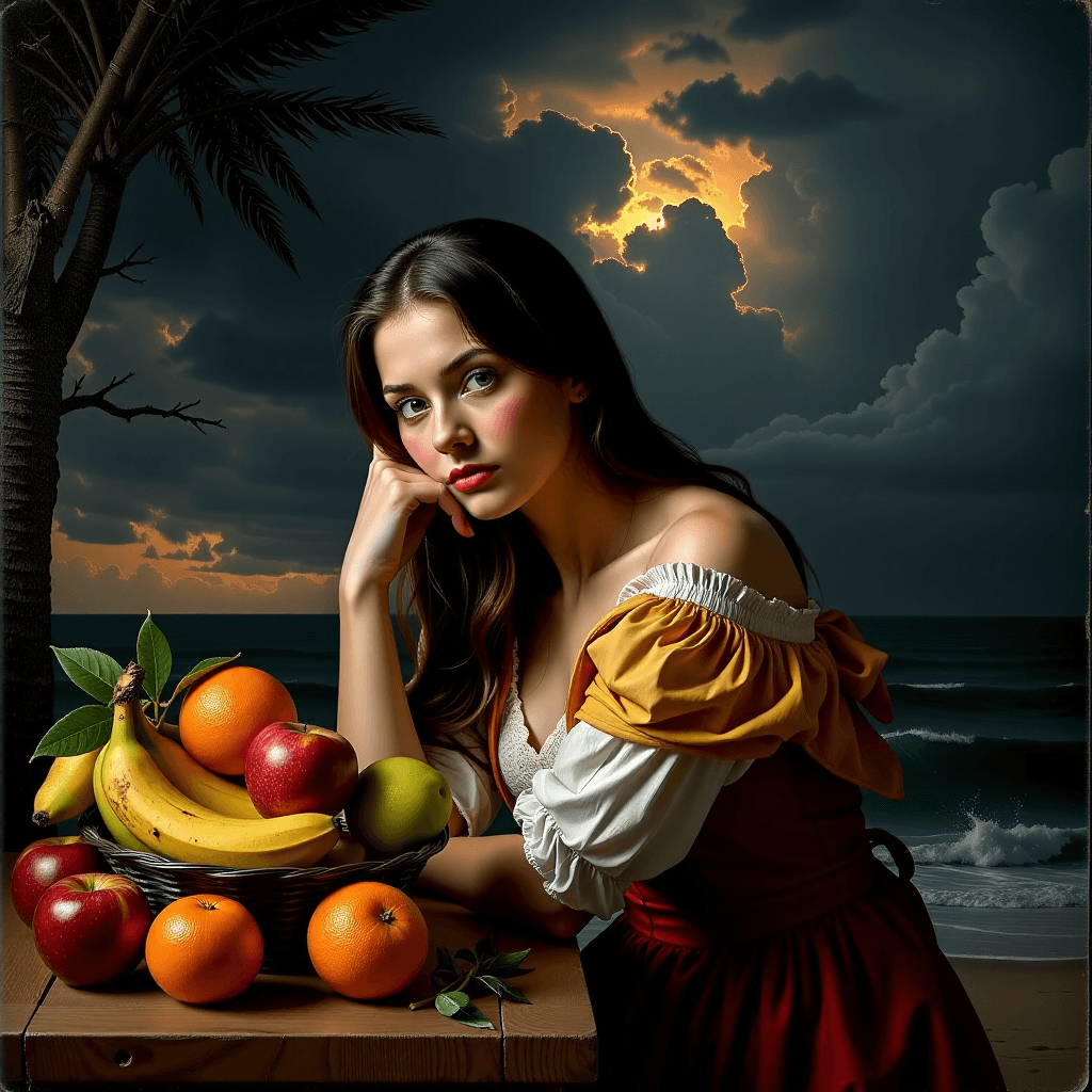 AI generated: A moody portrait of a woman by the sea, using dramatic chiaroscuro lighting. A single source of gold...