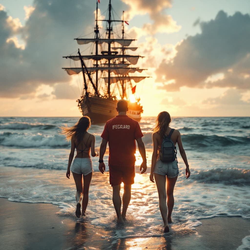 AI generated: A man in a lifeguard uniform walks with 3 girls (15 years old) to an ocean beach, the girls are dres...