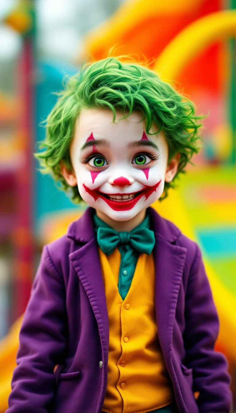 AI generated: A young child, likely pre-teen, is depicted as the Joker.  The child is light-skinned and has short,...
