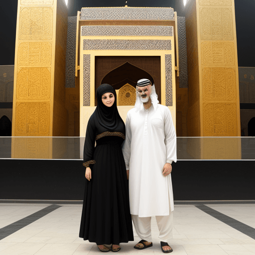 AI generated: A muslim couple standing in front of khana kaba wearing traditional dress