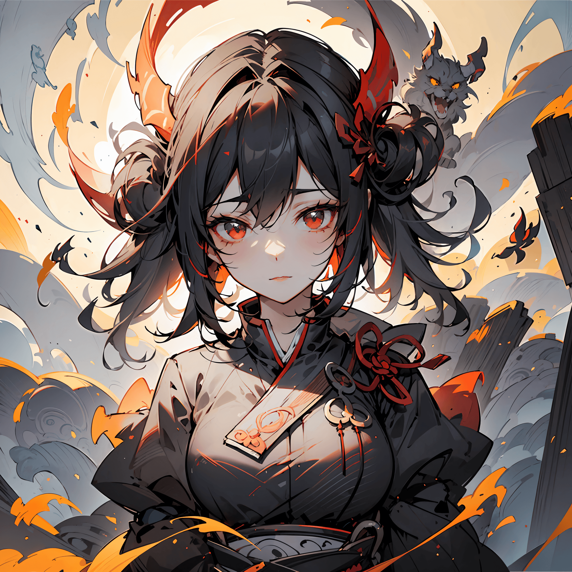 AI generated: anime girl with horns and horns on her head in front of a gate, guweiz, artwork in the style of guwe...
