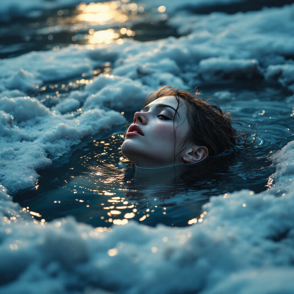 AI generated: Young beautiful lady trapped inside a frozen lake, mystery, dark, surreal, dream, dramatic lighting,...