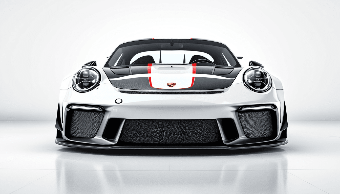 AI generated: Studio photograph with professional lighting of the Porsche 911 GT3 color white and race decals, cap...