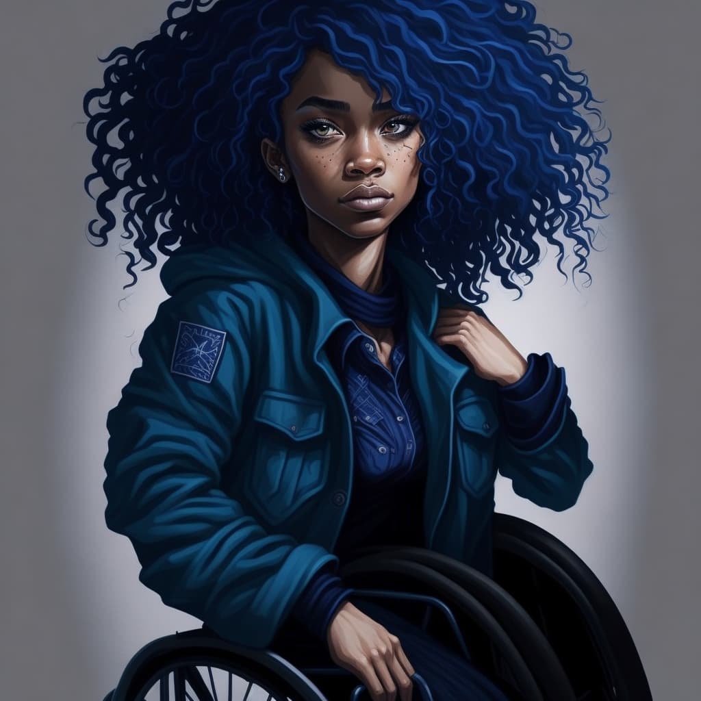 AI generated: brunette girl, in a wheelchair, with blue black hair