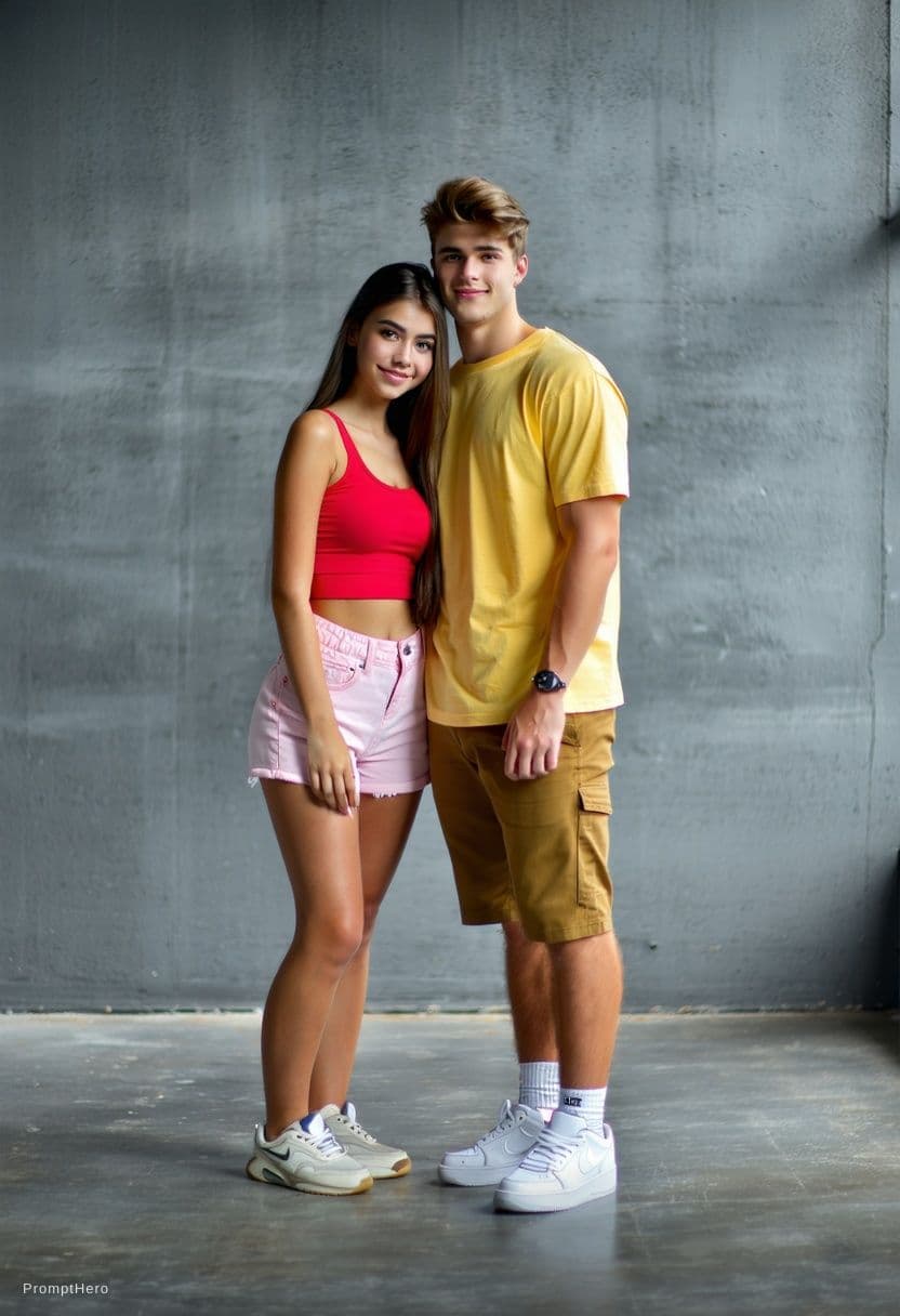 AI generated: Two people standing close together naturally, a young woman wearing a red tank top and light shorts ...