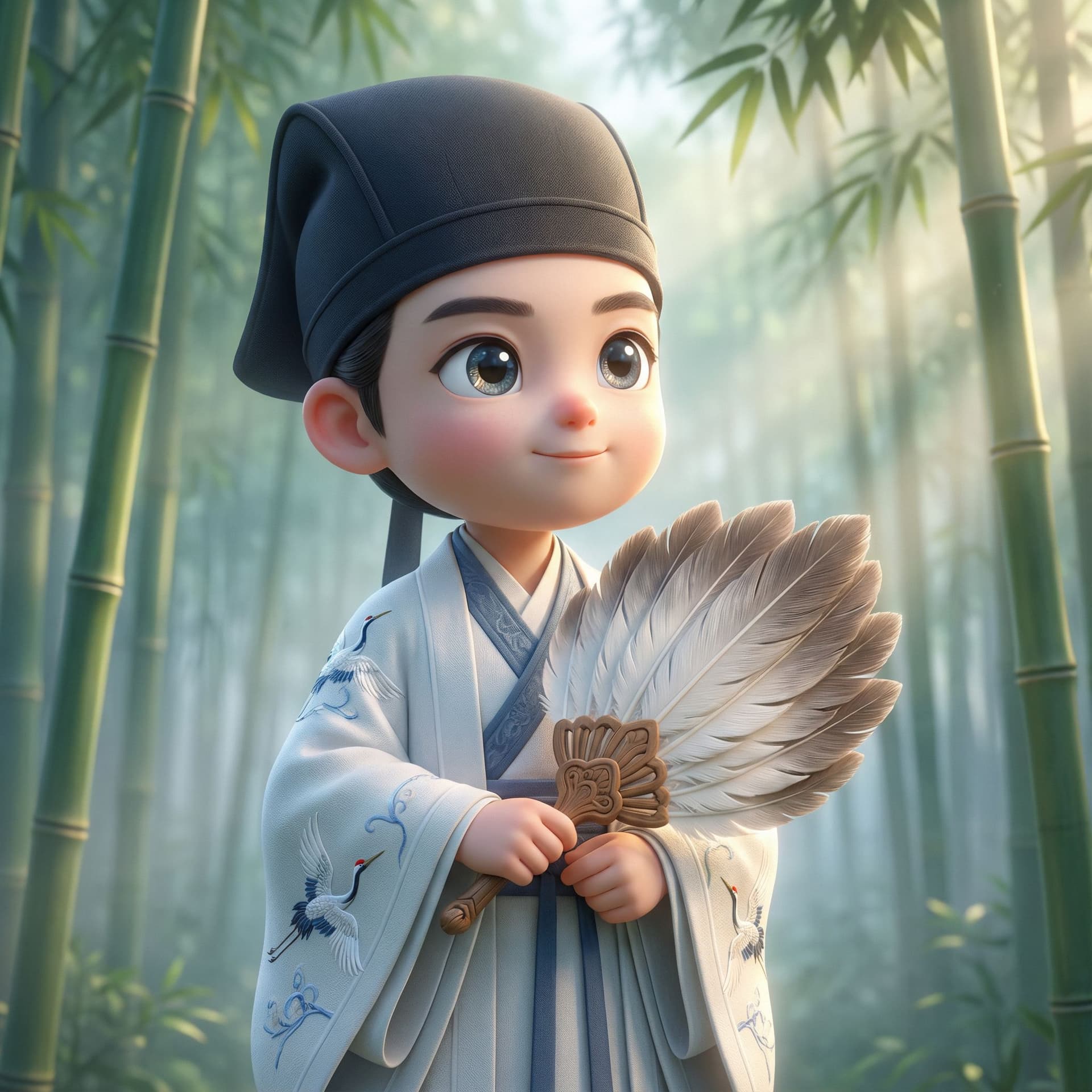 AI generated: Ultra cute 3D Pixar animation style human chibi Zhuge Liang, ultra HD cinematic render, rounded scho...