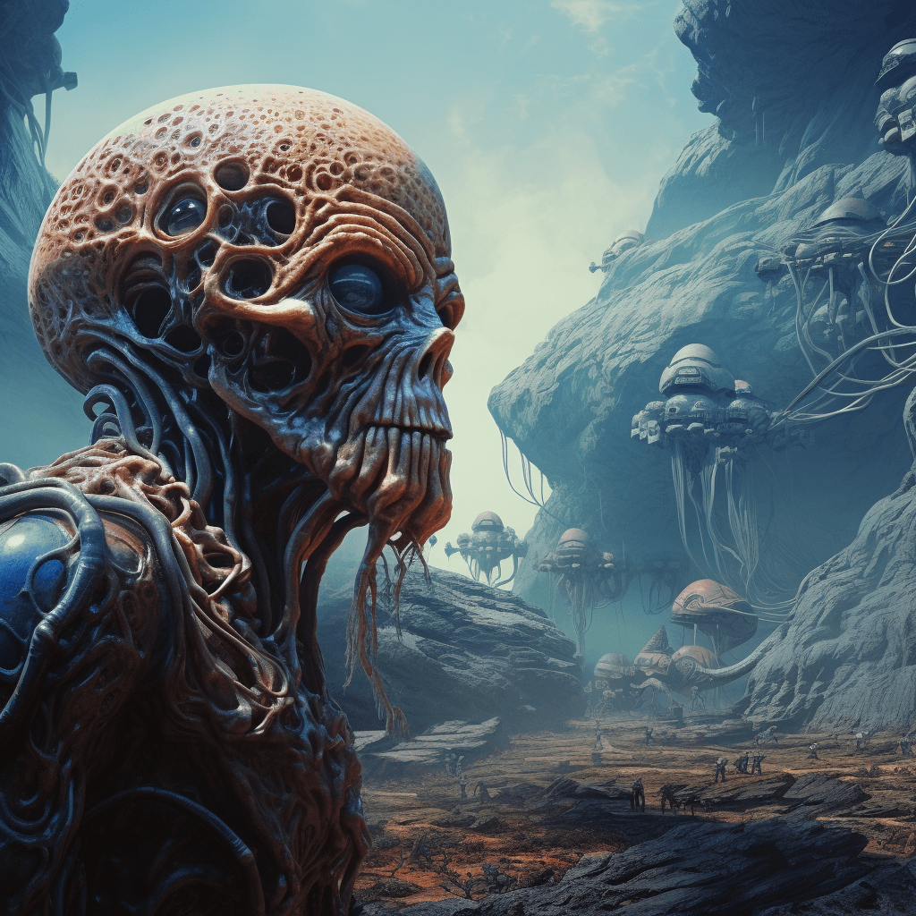 AI generated: life on an alien planet, haze, ultra-detailed, film photography, light leaks, Larry Bud Melman, tren...