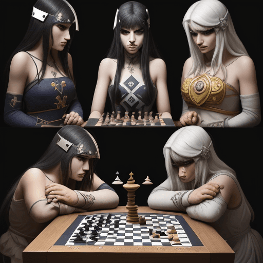 AI generated: estilo de ilustracion de tony babel, cosplay de piezas de ajedrez, runas, escrituras griegas antigua...