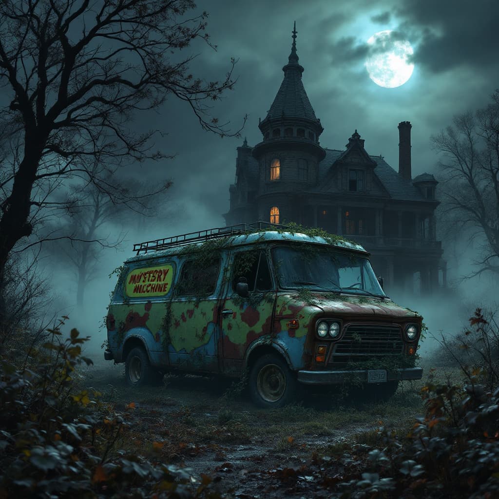 AI generated: A rusty and aged version of the Mystery Machine van from Scooby-Doo, covered in vines and surrounded...