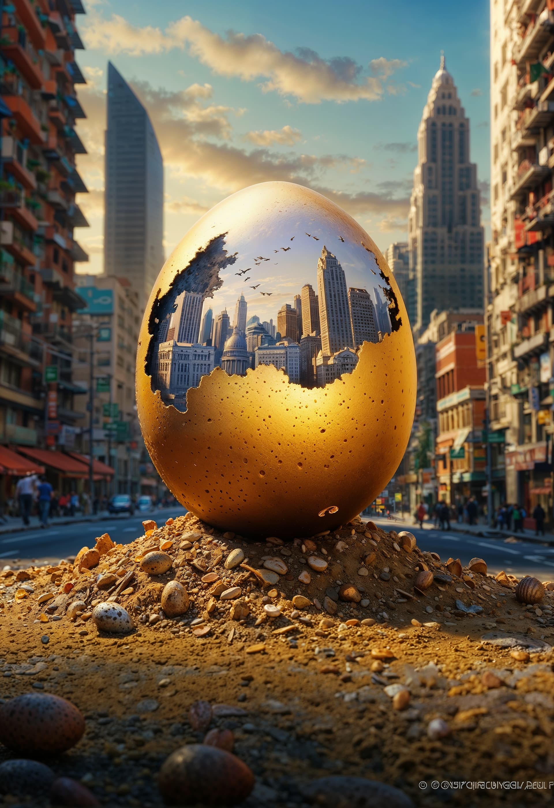 AI generated: Within the meticulously crafted golden-egg, a miniature city thrives with busy activity. This intric...