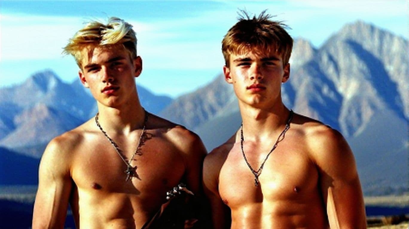AI generated: Photograph of two young men, one with short blonde hair and the other with brown hair, standing in f...