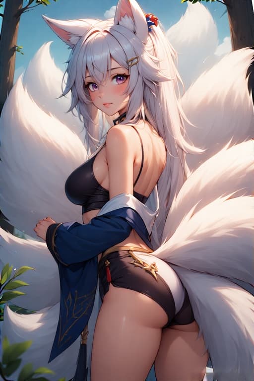 AI generated: fluffy nine-tailed fox girl by Wlop and Guweiz, Hyper-realistic, photography, real, professional, 8k...