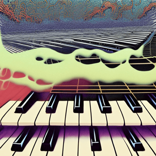 AI generated: fade away for ever :: close image of a  piano keys under a bublle water dissolving piano keys in  sm...