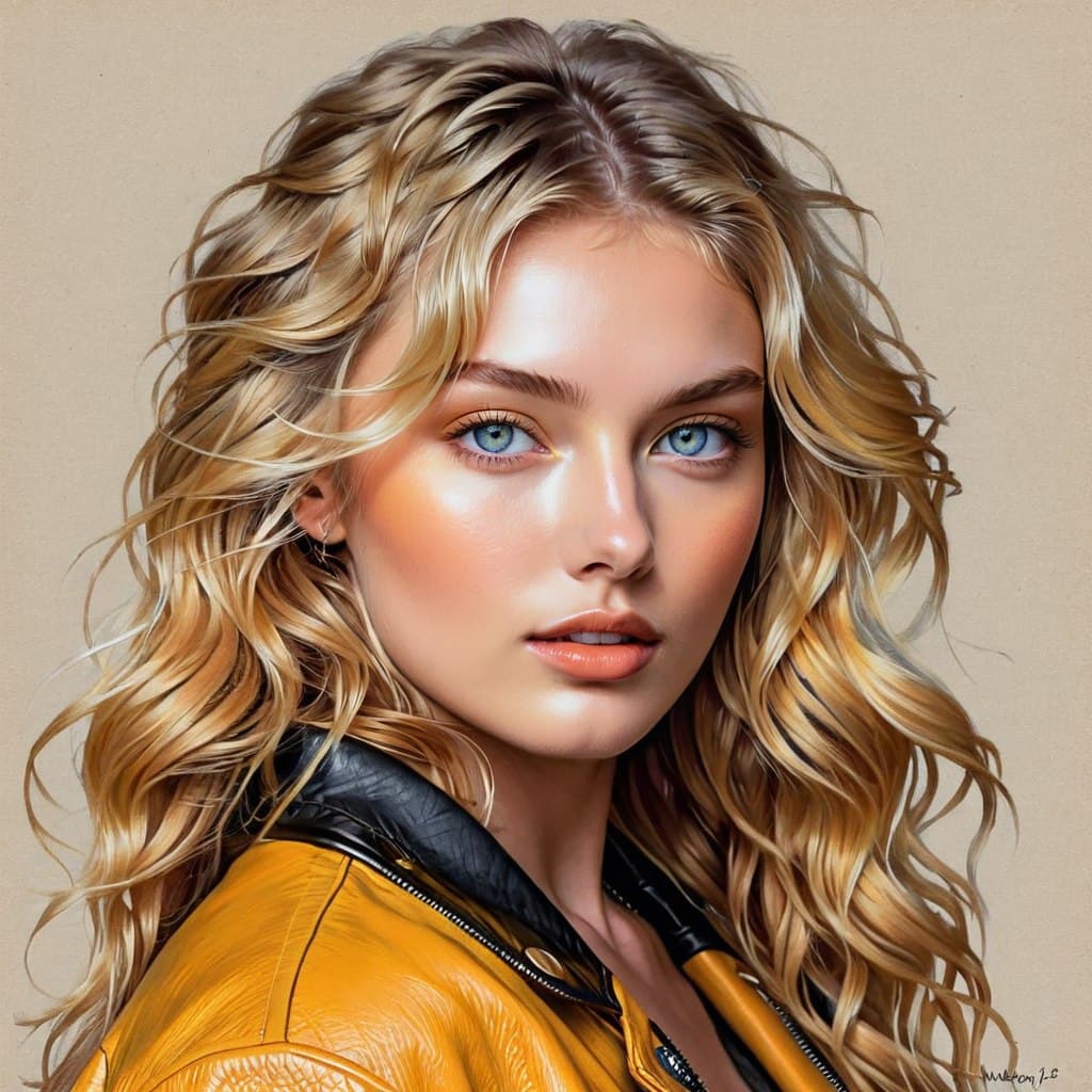 AI generated: color splash, hardpunk style, fine pencil sketch of one model Elsa Hosk on linen paper, cute, adorab...