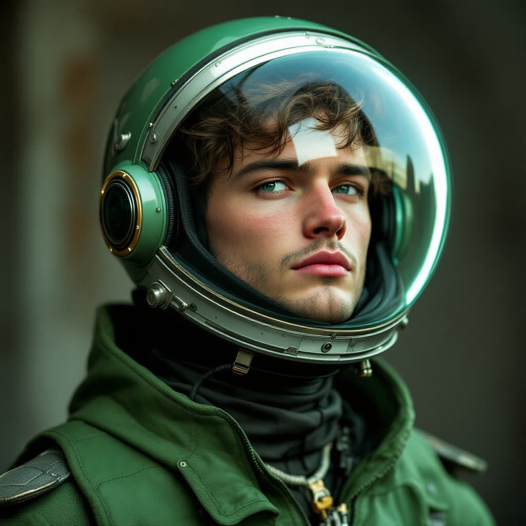 AI generated: A beautiful Man with a retro space helmet, 1960s hair style, green outfit, in the style of hyper rea...
