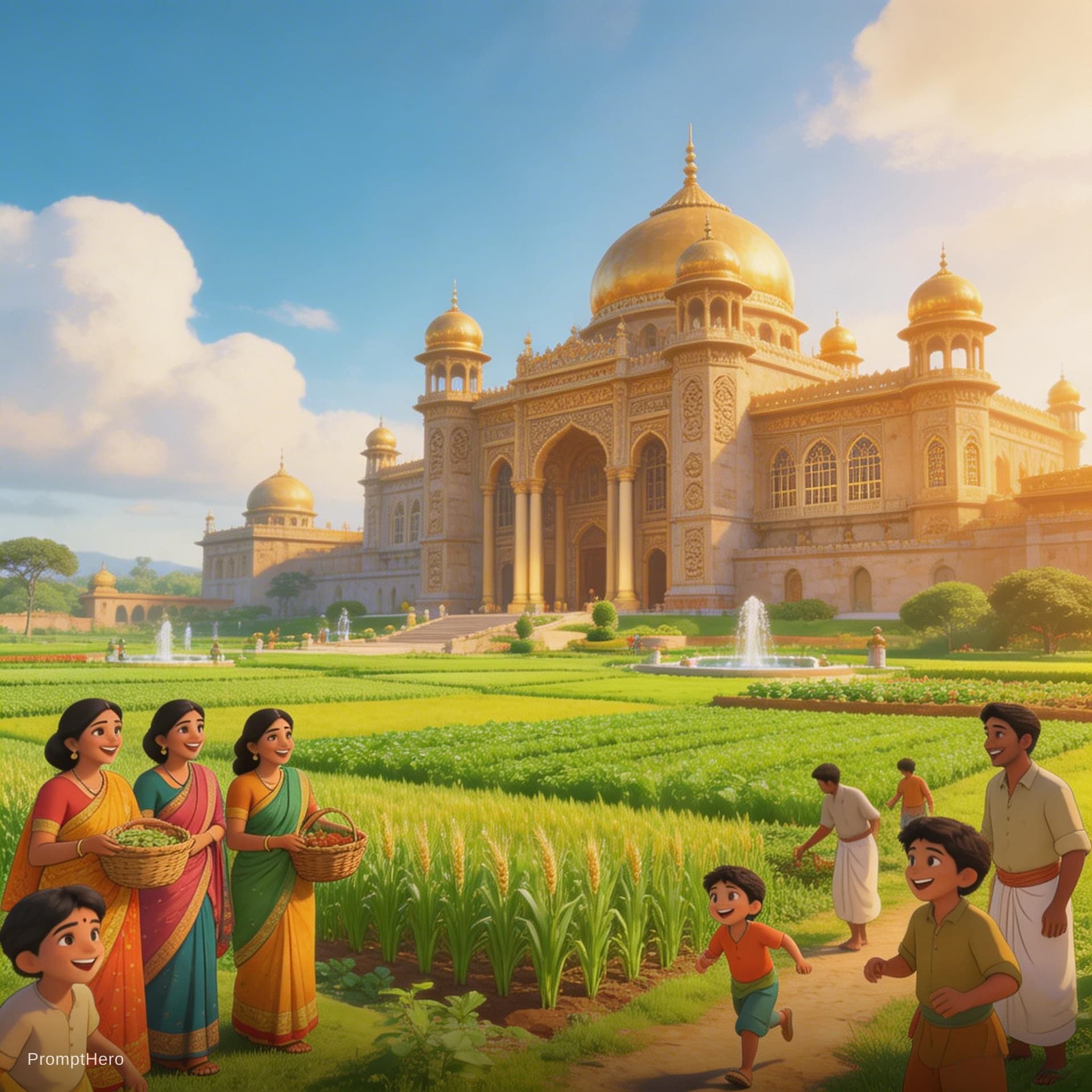 Hero prompt: एक विशाल और समृद्ध प्राचीन राज्य, बड़े महल, हरे-भर...