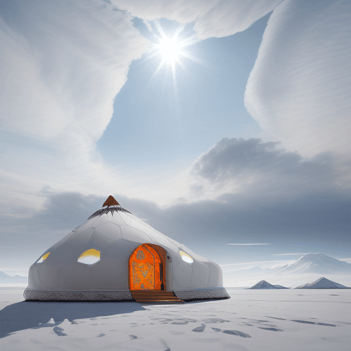 AI generated: Kazakh tradition yurt. image ultra HD. Yurt high-tech and futuristic parametric buildings. Facade is...