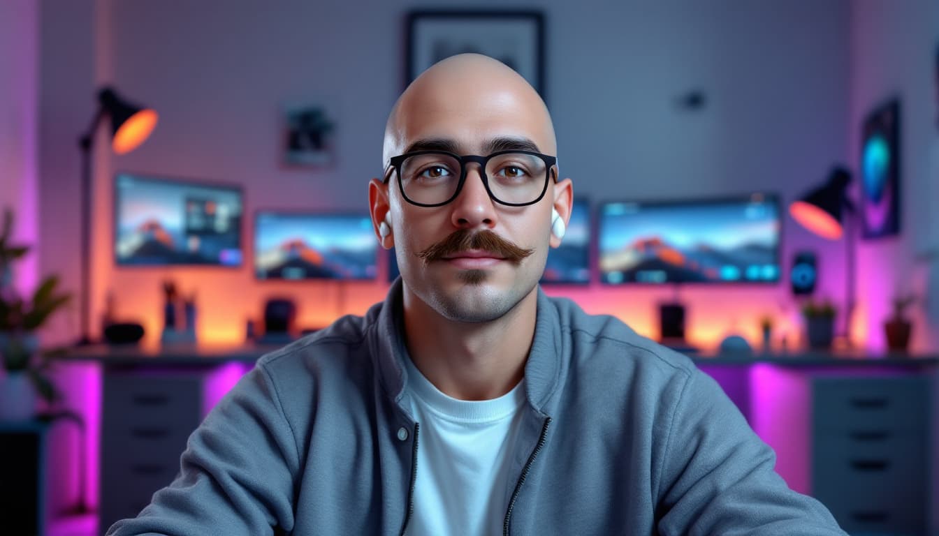 AI generated: Create a realistic male avatar with light skin, a large build, bald head (Buzz Cut hair), a mustache...