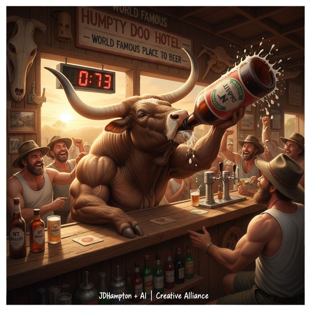 AI generated: Norman the Beer drinking Brahman Bull, became very famous, same like a super hero at Humpty Doo Hote...