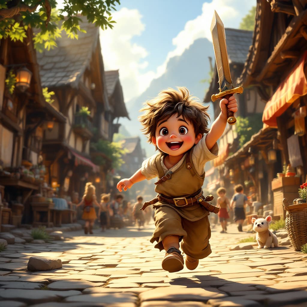 AI generated: A young child, now a bit older, playing joyfully in a vibrant medieval village. The child is dressed...
