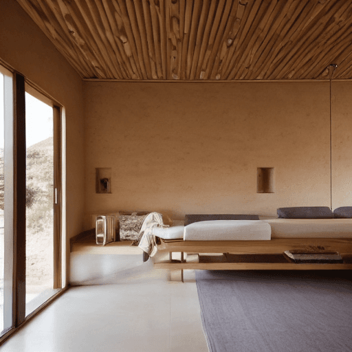 AI generated: interior view of a rammed earth and oak mid-century modern gym and spa designed by Studio MK27, sitt...