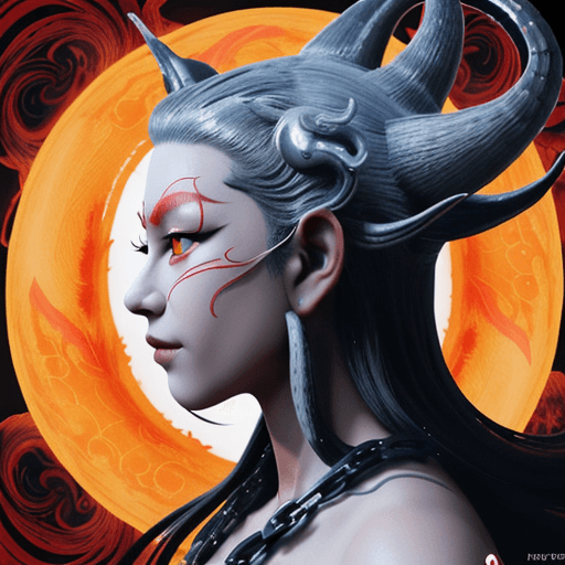 AI generated: a nine tailed fox, oni mask, chain, tentacles, astral background, profile picture, highly detailed, ...