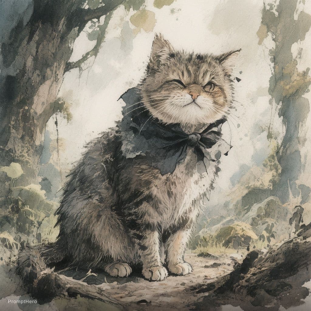 AI generated: Cat skinny expression cheeky. A melancholic ink and watercolor illustration. Sign DRE x