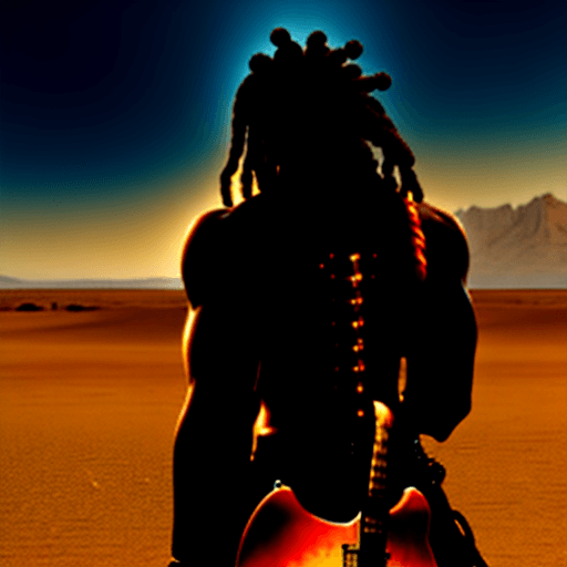 AI generated: black muscular gunslinger, in desert, brown dreadlocks, 8k, guitare on his back,  cyperpunk style, 