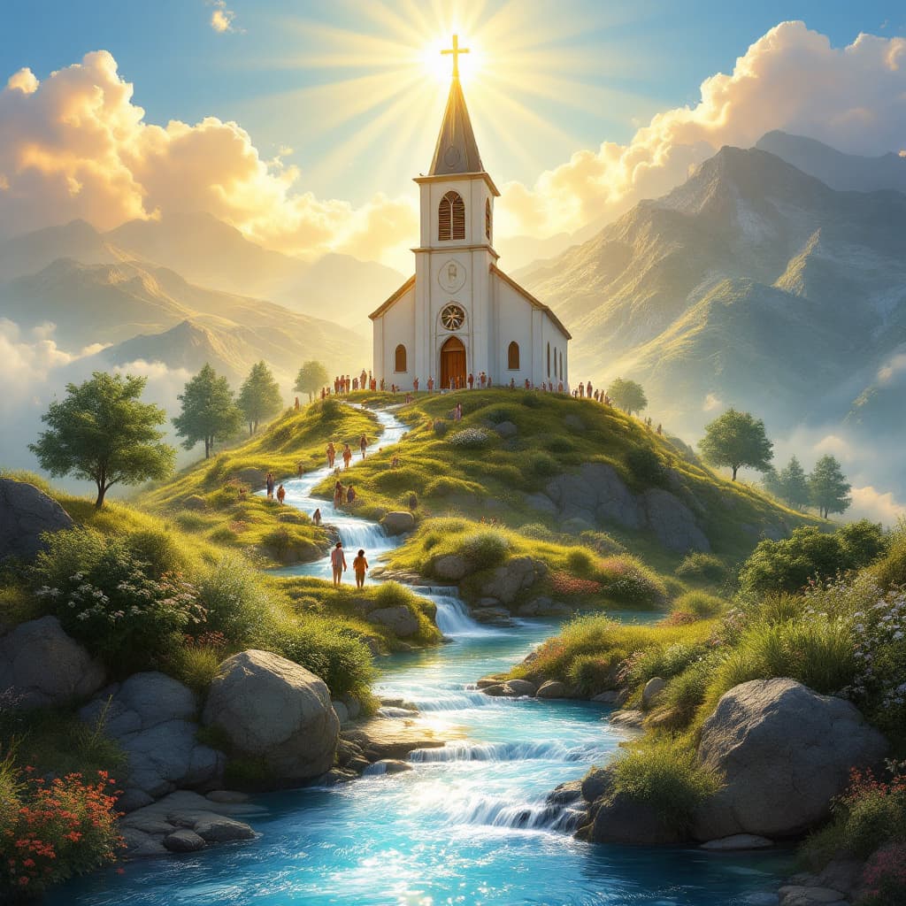AI generated: Promnt: Una iglesia radiante situada en la cima de una colina, destacándose como el lugar más import...