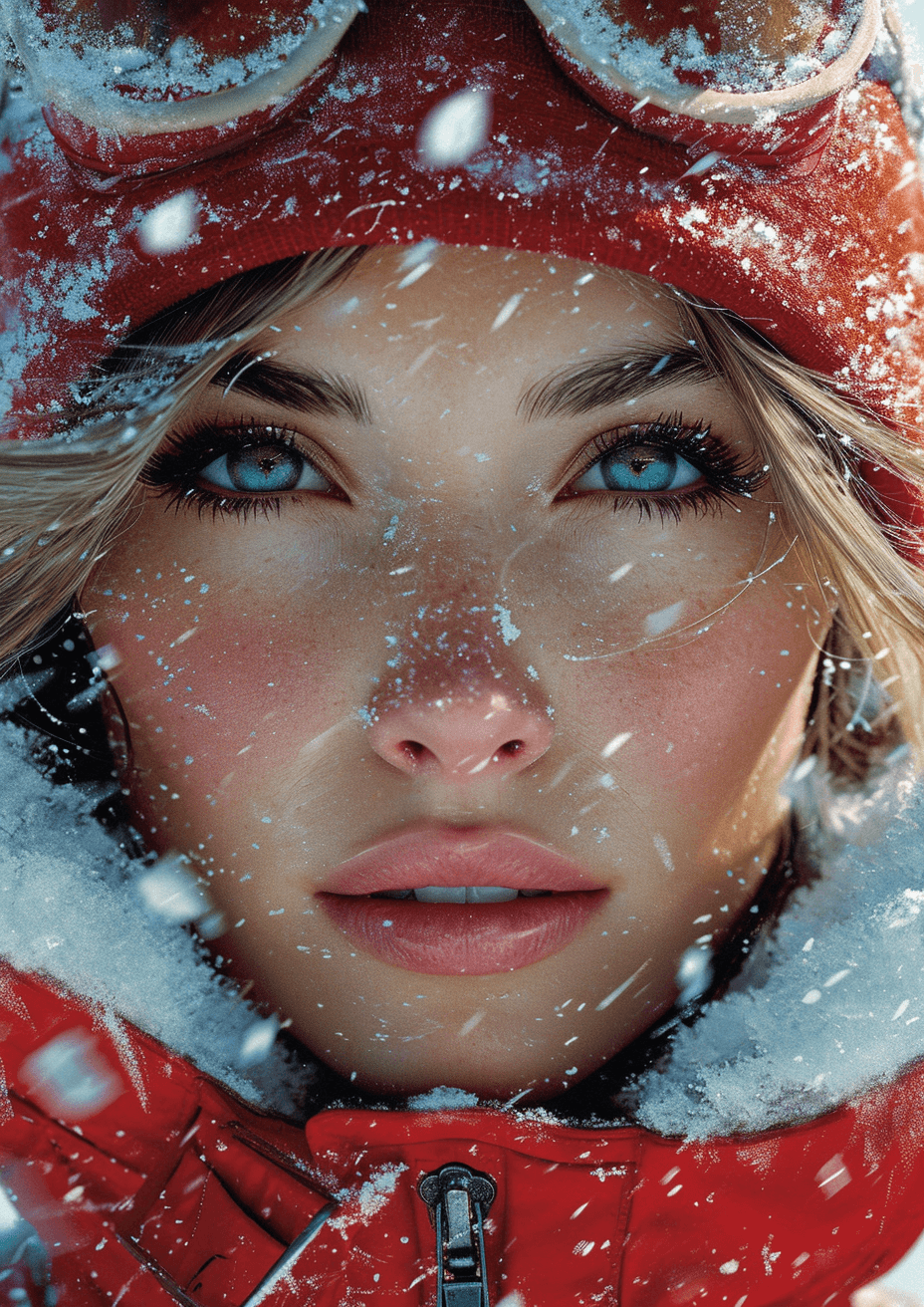 AI generated: woman in a red jacket, snowy, in the style of hyper-realistic portraiture, caninecore, mountainous v...