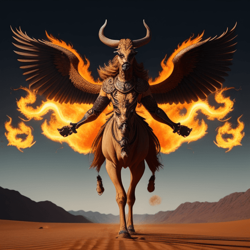 AI generated: taurus walking on a desert of fire, cross fire, phoenix, intricate artwork, trending on artstation, ...