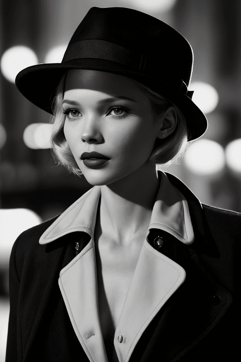 AI generated: ((a scene from an old noir film)), a detective in coat and hat gorgeous woman [: sasha luss:0.5], se...