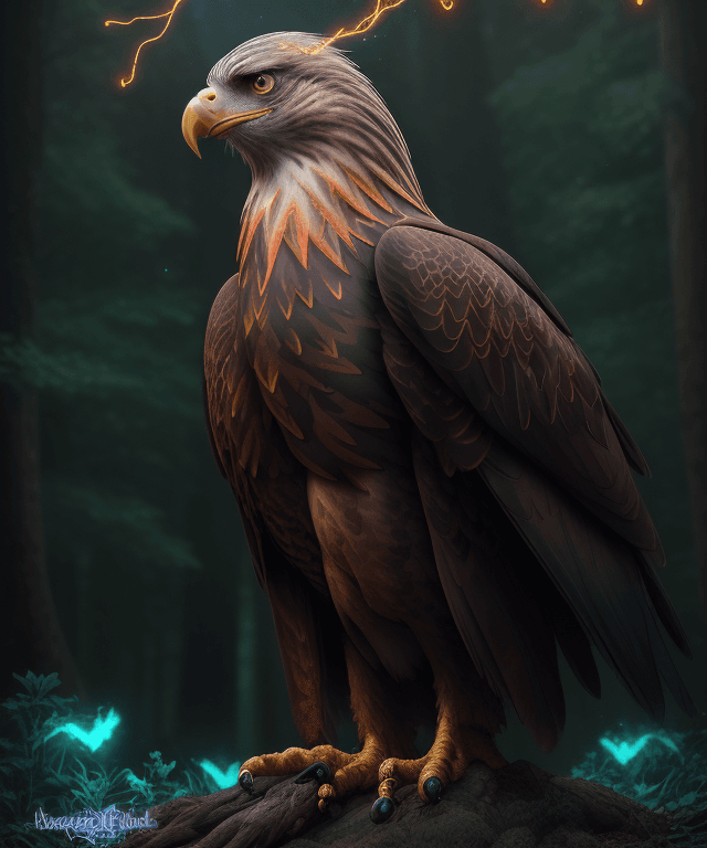 AI generated: magical autumn forest, eagle hunter, gravel path, red intricate ornamented robe, humanoid body, blue...