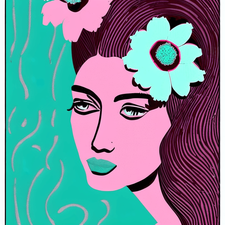 AI generated: a woman with flowers in her hair, in the style of poster art, dark white and light magenta, highly d...