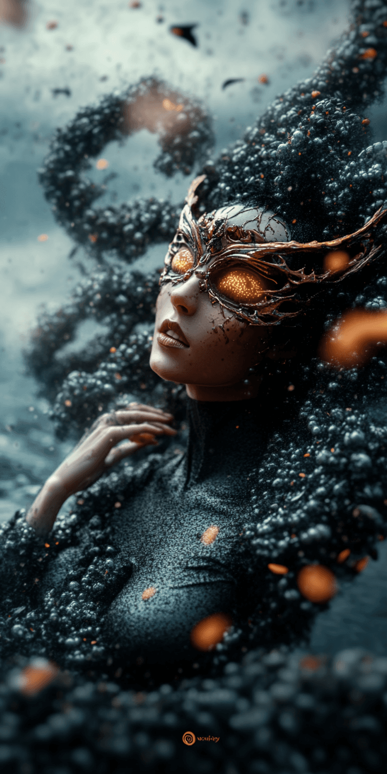 AI generated: A photorealistic portrait of an elegant dark elf woman wearing an ornate mask made from thousands of...